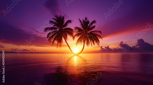 Dramatic sunset over tropical shores, bold palm tree silhouettes against vivid orange and purple skies, perfect for vacation ads, serene beach vibes