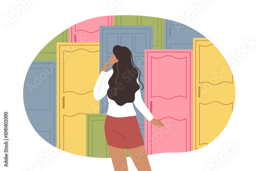 Difficult life choice faces woman standing near multi-colored doors in search of right path. Life choices on path of girl who needs help to avoid fatal mistake when getting education