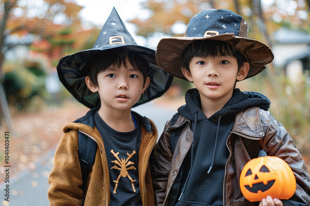 Halloween costumes. Children in wizard costumes for Halloween. Halloween costumes. Children in wizard costumes for Halloween.