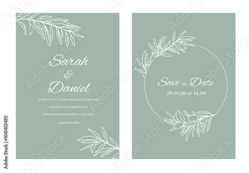 Olive Save the date Wedding Card Template with Olive Branches and fruits Wreath. Hand drawn Vector floral Illustration in white and pale green colors. Minimalistic style.