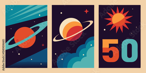 Retro space exploration poster design with cosmic illustrations and 50th anniversary theme