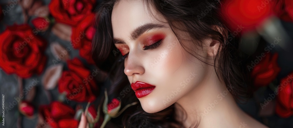 Fototapeta premium Red Rose Evening Makeup Dark Hair
