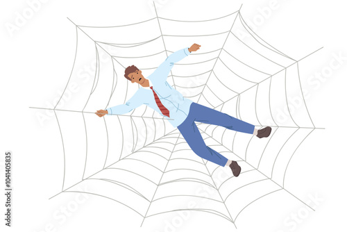 Trap for business man in form of cobweb symbolizes network of fraudsters want to steal money. Guy, investor, fell into trap of scammers who offered high earnings from invested funds.