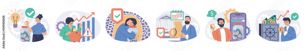 People saving money concept set with characters in flat design for web. Man and woman planning budget, managing personal finance, investing and doing deposit and getting profit. Vector illustrations. People saving money concept set with characters in flat design for web. Man and woman planning budget, managing personal finance, investing and doing deposit and getting profit. Vector illustrations.