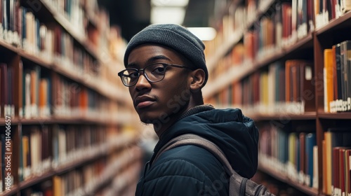 Wallpaper Mural A student in a library gazes toward the camera surrounded by bookshelves Torontodigital.ca