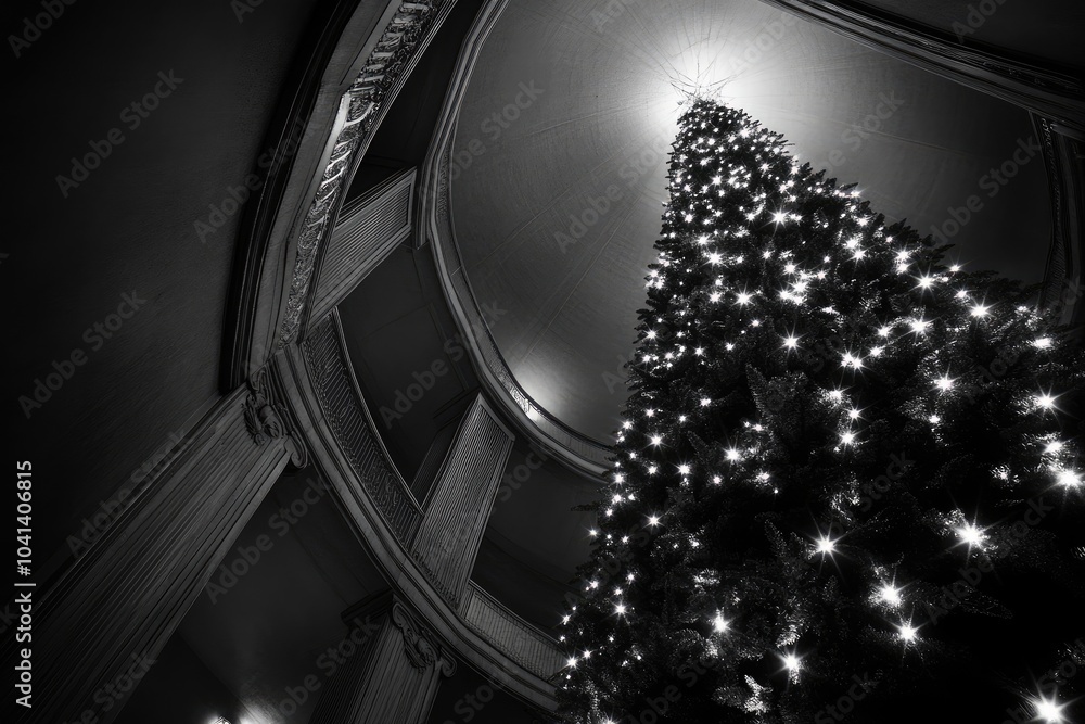Obraz premium A Decorated Christmas Tree Viewed From Below in a Grand Building