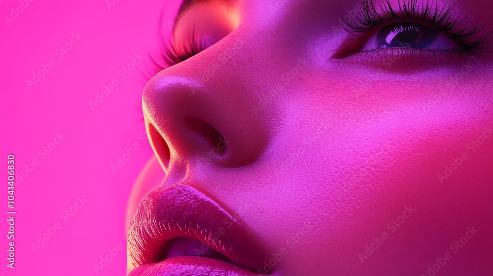A woman with pink lips and a pink background A woman with pink lips and a pink background