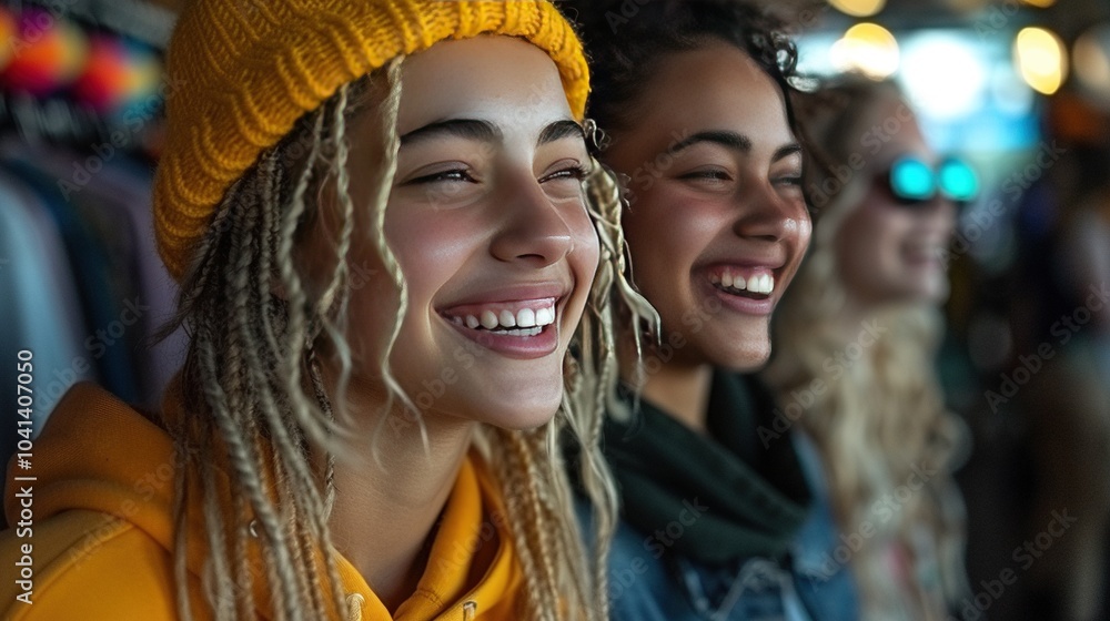 A joyful group of friends sharing smiles and laughter in a vibrant setting. A joyful group of friends sharing smiles and laughter in a vibrant setting.
