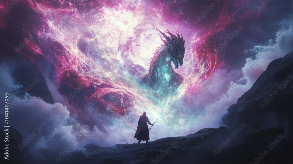 A lone figure stands on a mountaintop, silhouetted against a swirling nebula, as a massive dragon emerges from the cosmic storm. A lone figure stands on a mountaintop, silhouetted against a swirling nebula, as a massive dragon emerges from the cosmic storm.