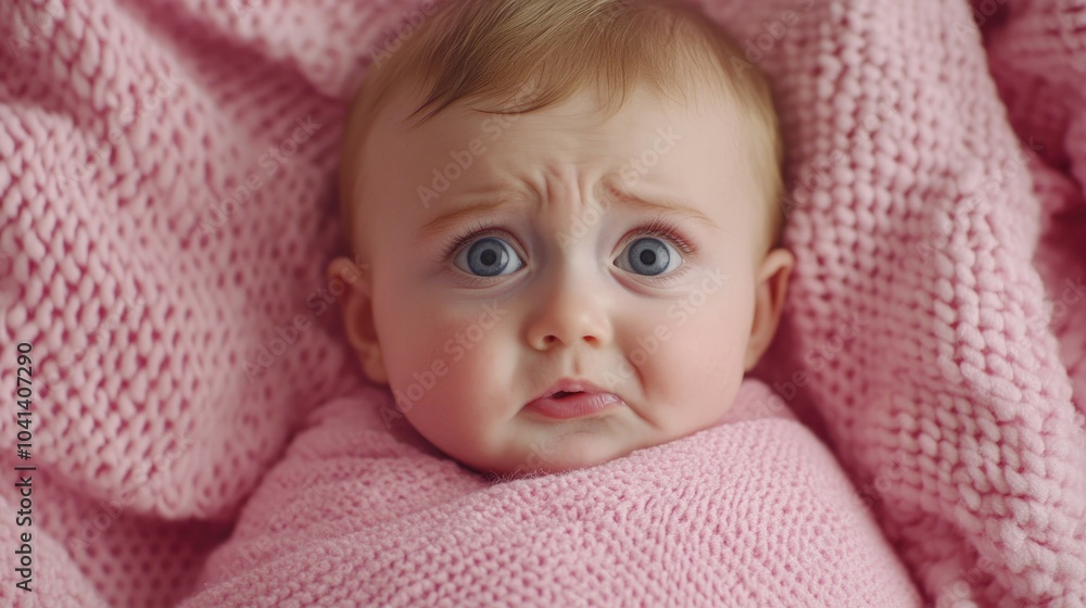 Infant swaddled in a pink blanket displaying emotions of distress Infant swaddled in a pink blanket displaying emotions of distress
