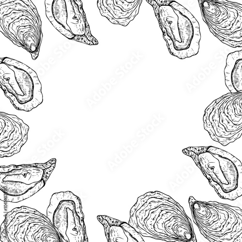 Vector frame with Oysters and scallop. Hand painted line template, seashells. Graphic clip art isolated on background. Underwater illustration. For designers, invitations, decoration, postcards