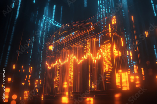 A sophisticated 3D bank building with glowing stock market graphs and financial charts emerging from its facade. The glowing data flows create an atmosphere of innovation and financial power.