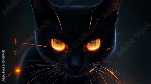 A mysterious sleek black cat with glowing screenlike eyes merging technology and nature in an enigmatic display photo