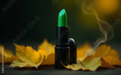 Green lipstick on autumn leaves, lipstick on a black background. green lipstick On Black Rocks in black background with smoke . green Lipstick With smoke . lipstick product photography photo