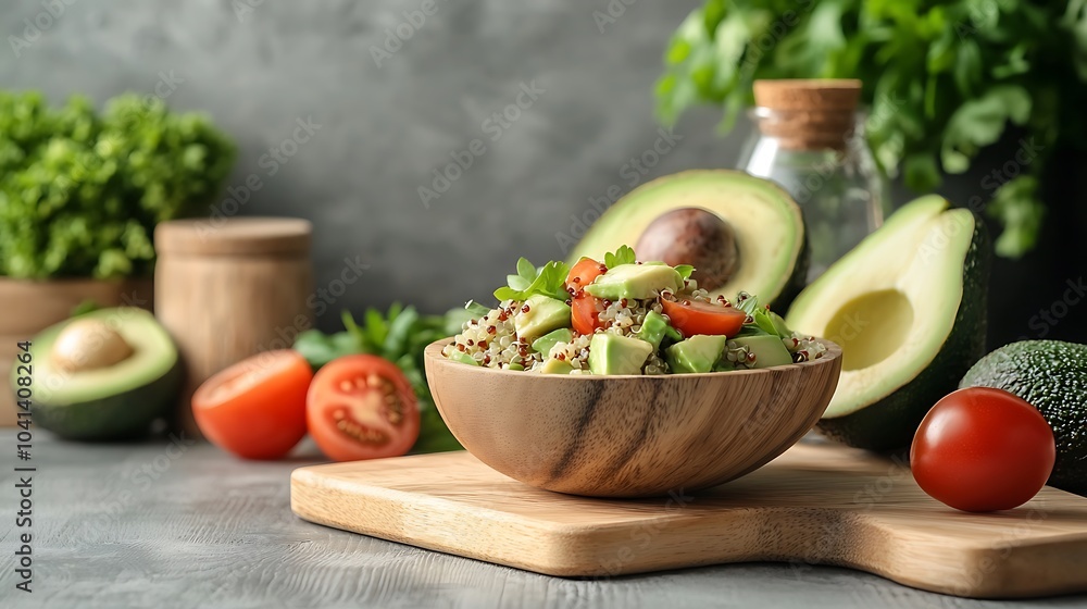 Fresh and healthy quinoa salad with avocado tomatoes and green herbs perfect for a nutritious meal preparation Fresh and healthy quinoa salad with avocado tomatoes and green herbs perfect for a nutritious meal preparation