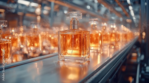 A close-up shot of a perfume bottle on a conveyor belt in a factory. The bottle is filled with a golden liquid and is surrounded by other bottles in the background.