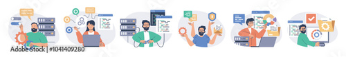 System administrator concept set with characters in flat design for web. People monitoring server infrastructure, doing maintenance and technical repair, managing database. Vector illustrations.