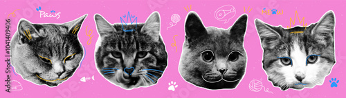 Collage element with funny cat heads and naive doodle elements. Set of retro elements in halftone style