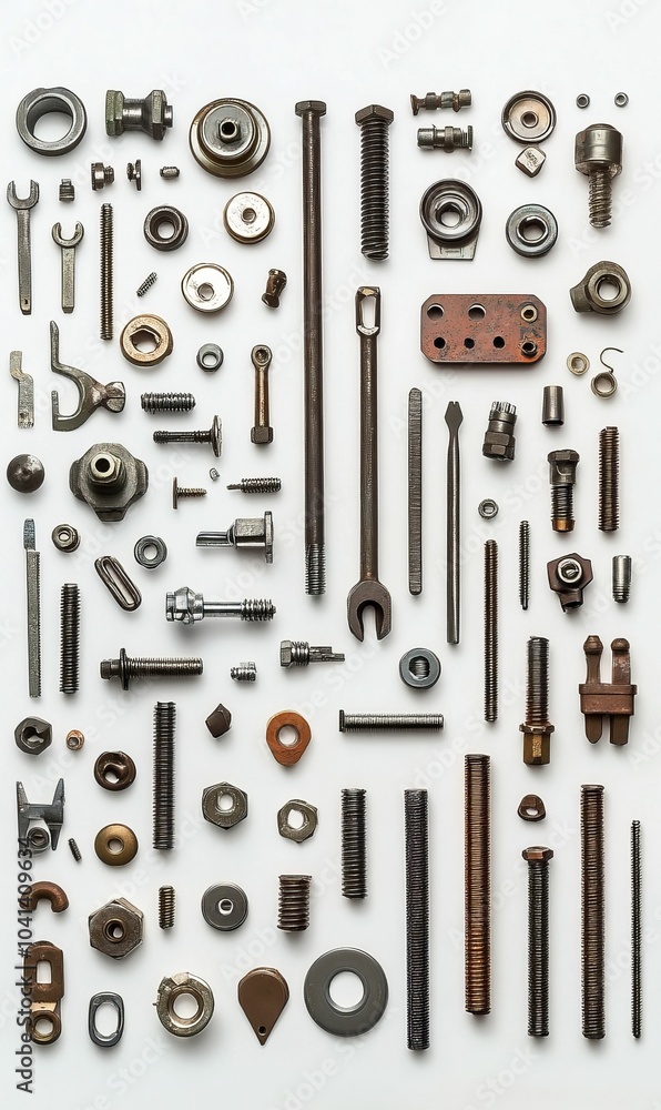 Assortment of metal hardware and tools. Assortment of metal hardware and tools.