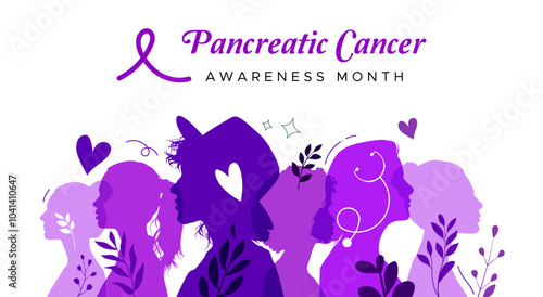 Commemorating pancreatic cancer awareness month. Prevention and treatment of pancreatic cancer. Purple ribbon elements on a clean white background
