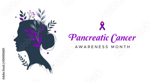 Commemorating pancreatic cancer awareness month. Prevention and treatment of pancreatic cancer. Purple ribbon elements on a clean white background