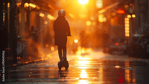 guy on an electric scooter in the city amid a traffic jam at sunset, a city landscape on the street