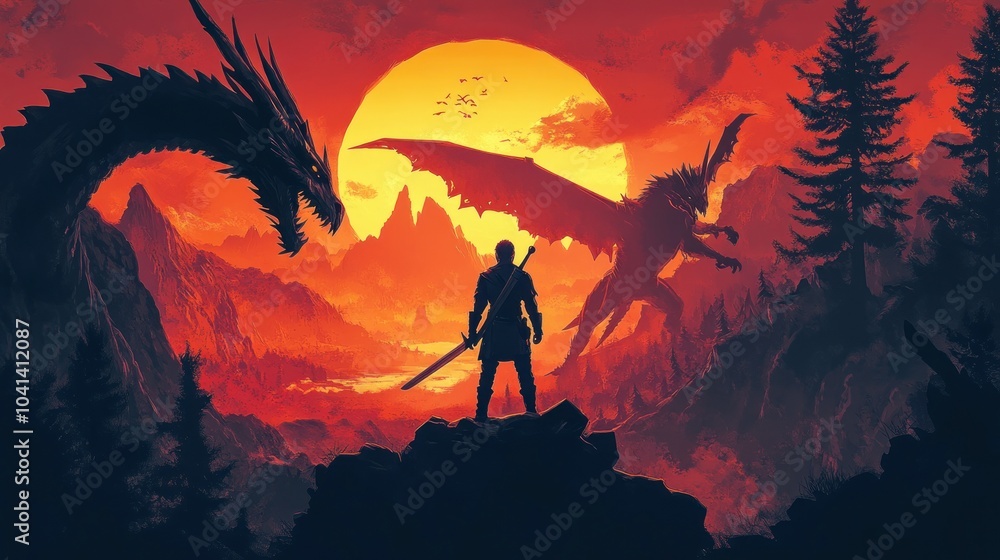A lone warrior stands on a rocky outcrop, facing two dragons against a fiery sunset sky. A lone warrior stands on a rocky outcrop, facing two dragons against a fiery sunset sky.