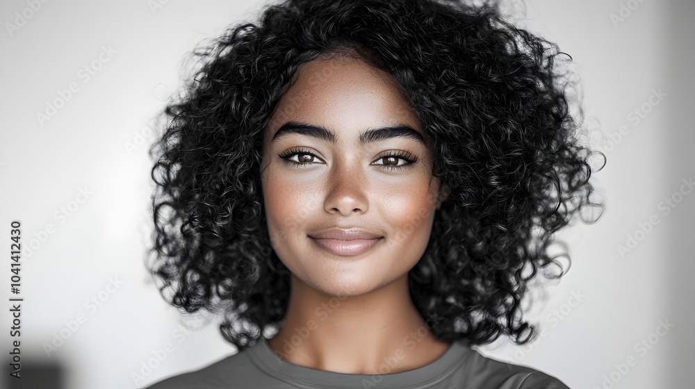 Confident and Radiant African American Woman with Curly Hair Framing Her Face Smiling and Wearing a T Shirt on a White Background Confident and Radiant African American Woman with Curly Hair Framing Her Face Smiling and Wearing a T Shirt on a White Background