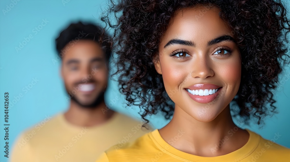 Portrait of a confident and cheerful young African American woman smiling brightly while standing in a casual t shirt with her curly hair bouncing and an upbeat Portrait of a confident and cheerful young African American woman smiling brightly while standing in a casual t shirt with her curly hair bouncing and an upbeat