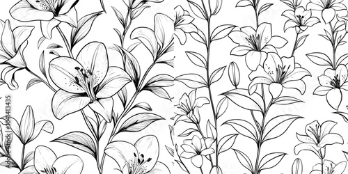 Medicinal herbaceous plant with hand-drawn contour lines and flowers. Natural seamless pattern for textiles, wrapping papers.