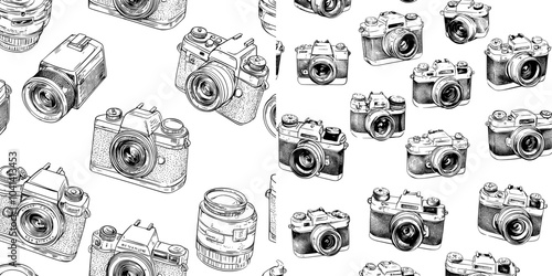 Seamless pattern with doodle-style old and digital cameras on white background. For wallpaper, wrapping paper, and backdrops.