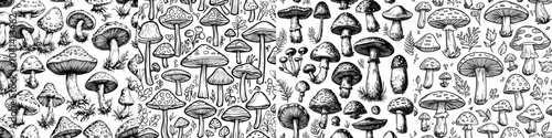 Psilocybin or hallucinogenic magic mushrooms hand drawn on gray background in monochrome colors for textile prints or backdrops.