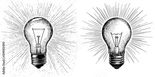 The bright incandescent light bulb is drawn in blue contour lines on a white background. It is a symbol for inspiration, idea, discovery, or solution. It is a modern illustration.