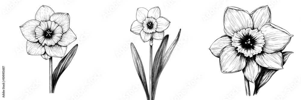 Fototapeta premium Flowers of tender narcissus blooming on white background. Beautiful decorative flowering plant. Floral contour hand drawn illustration in elegant antique style.