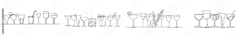 One line drawing of a bottle and glass of whiskey with ice. Modern illustration. One line drawing of a bottle and glass of whiskey with ice. Modern illustration.