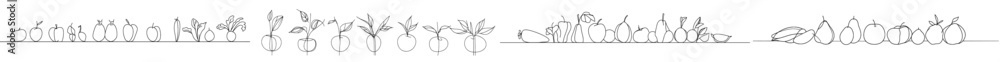 Vegetables of different sizes drawn continuously in one line. Illustration in modern style. Vegetables of different sizes drawn continuously in one line. Illustration in modern style.