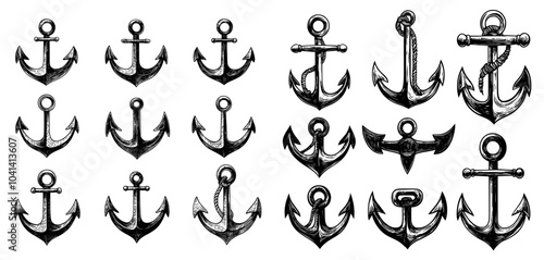 The anchors are hand drawn with navy contour lines on a white background and are in a monochrome decorative style that is ideal for logotypes or tattoos.