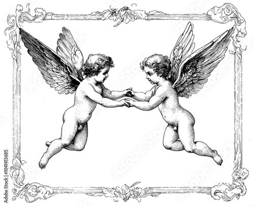 Drawing of flying Cupids or angels with grapes hand drawn with contour lines on white