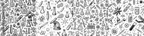 The seamless pattern includes chemical and physical lab equipment drawn with contour lines on a white background. Backdrop with tools for scientific experiments.