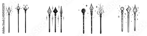 A set of magic wands. Hand drawn sketch illustration. Isolated against a white background. Grunge style drawing. Modern black ink drawing.