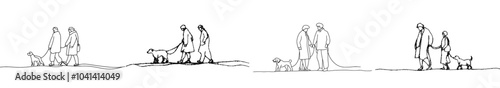 Illustration of an elderly couple walking with their dog in a continuous line