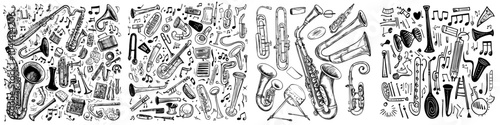 A set of music instruments drawn in ink on a white background.