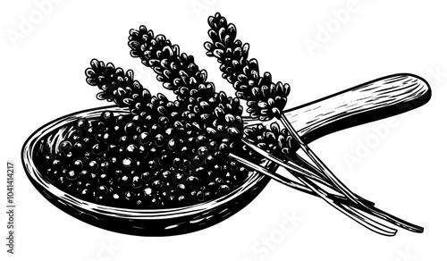 The Salvia hispanica plant and a scoop of chia seeds are shown in a bundle of colorful and monochrome illustrations. The organic superfood product and cultivated crop are shown on a white background.