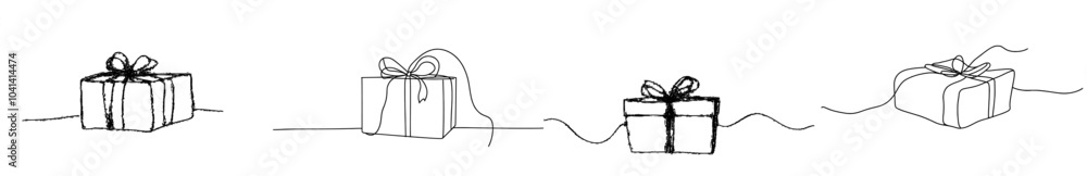 Modern illustration of a gift box with ribbon bow. Line drawing for any design work. Modern illustration of a gift box with ribbon bow. Line drawing for any design work.