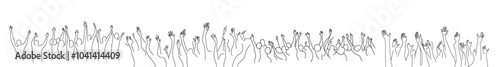 Continually drawn joyful crowd cheering illustration. Hands up. Applause group continuous one line.