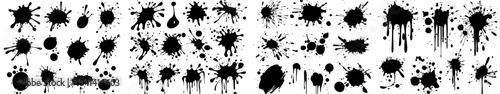 An isolated set of black paint splatters on a white background. A silhouette of water splashes.