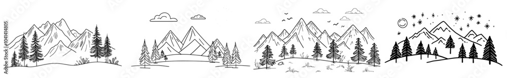 Obraz premium A simple, hand-drawn sketch of coniferous trees on a hill with the contour of the mountains on the horizon. For cards, stickers, prints, coloring.