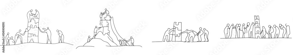 Continual line drawing illustration of two young businessmen arranging puzzle pieces to build a solid building. Trendy business teamwork concept continuous line drawing graphic modern illustration. Continual line drawing illustration of two young businessmen arranging puzzle pieces to build a solid building. Trendy business teamwork concept continuous line drawing graphic modern illustration.
