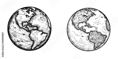 A black and white illustration of planet Earth globe sketch engraving. A design for T-shirt apparel print. A scratch board imitation.