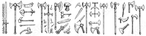 Medieval weapons in ink isolated on white, including knives, a sword, a club, a hammer, a flail, a dagger, a scimitar, and a double-edged axe.